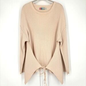 Free People FP Beach Ribbed Knit‎ Tie Front Sweater Sz XS Beige Oversized Cream